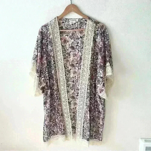 Indigo Rose L Floral Print Open Front Kimono Cardigan Coverup Shirt Crochet Boho - Picture 1 of 5